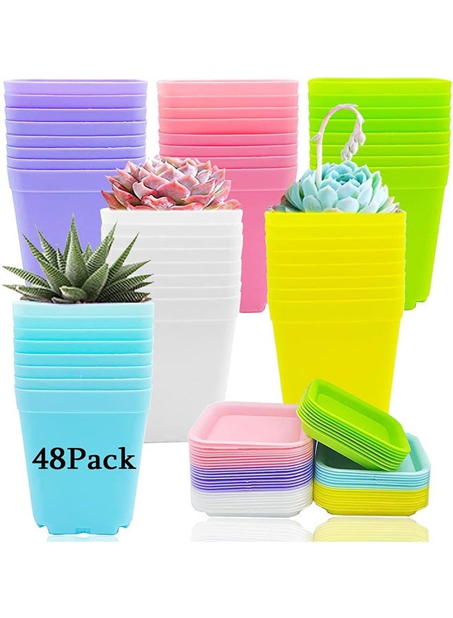 Geustos 48 Pack 3 Inch Colorful Plastic Plant Pot, Plastic Square Nursery Pots, Seedling Nursery Pots with Saucers for Garden, Home, Office, Porch Decor, Garden Gifts - Image 1